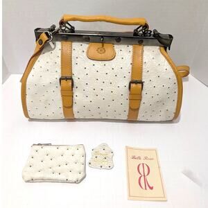 Vtg Belle Rose Ostrich Embossed Leather Satchel & Coin Purse Bone White/Yellow
